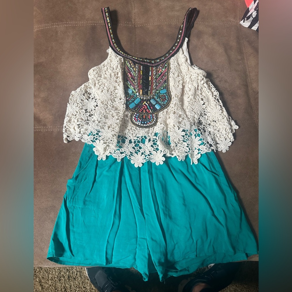 Altered state Romper with Embroidered Lace - cream and Teal size small